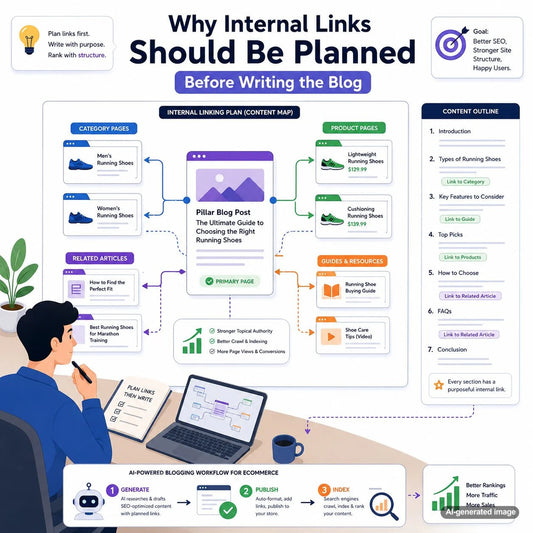 Illustration of a planned internal linking structure connecting related blog posts for stronger SEO and easier website navigation