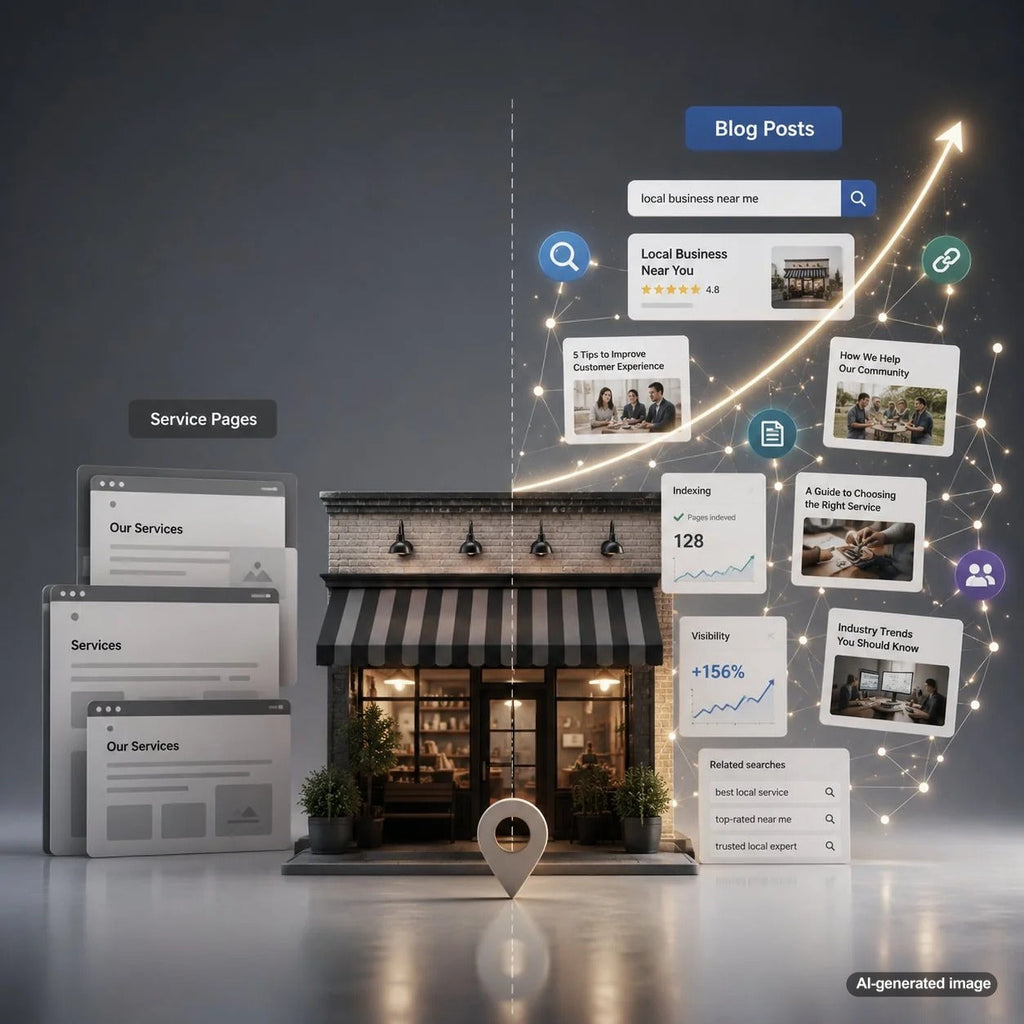 Local business owner reviewing a website content strategy that extends beyond basic service pages