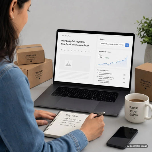 Small business owner researching long-tail SEO keywords to improve Google rankings and attract qualified customers