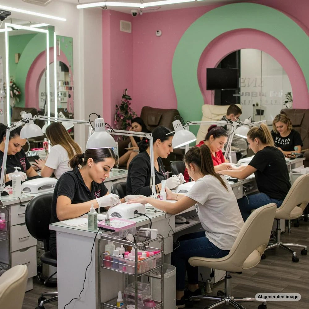 Nail salon professional applying nail polish to a client's nails, representing the benefits of SEO and targeted blog content for nail salons