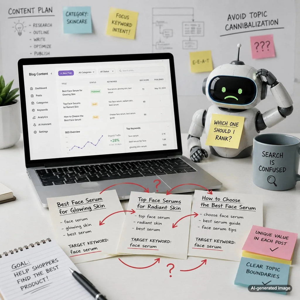 Confused business professional organizing overlapping blog topics and competing SEO content