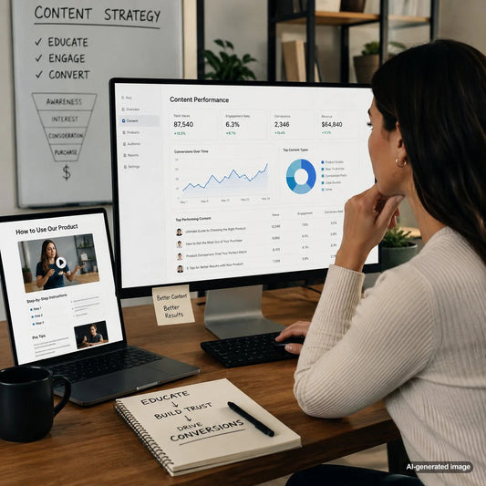 Business professional reviewing detailed product education content designed to improve customer confidence and conversion rates