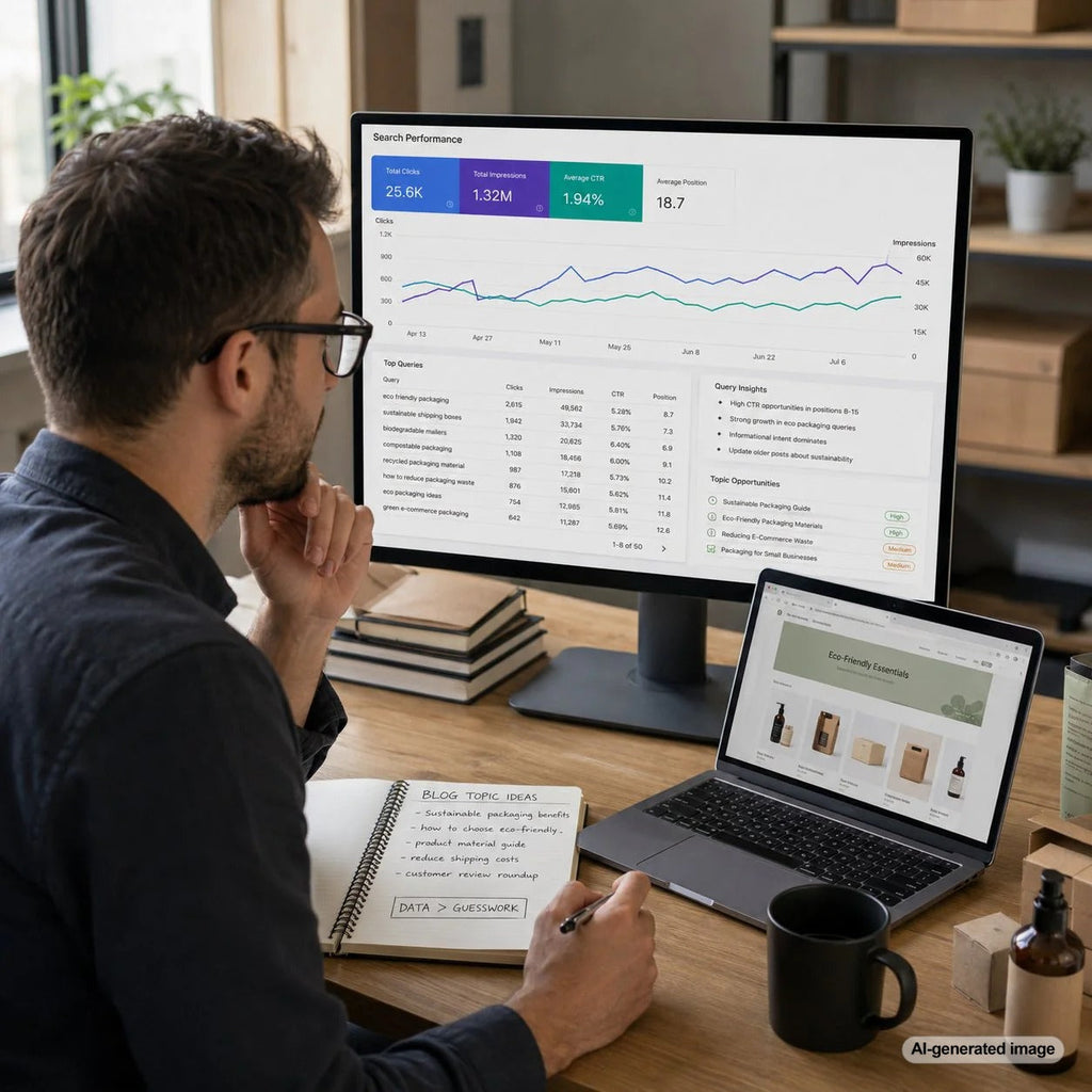 Business owner reviewing Search Console data to choose smarter blog topics for SEO growth