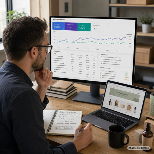 Business owner reviewing Search Console data to choose smarter blog topics for SEO growth