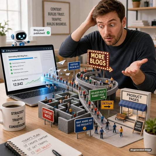 Website traffic journey showing blog visitors moving toward ecommerce product pages