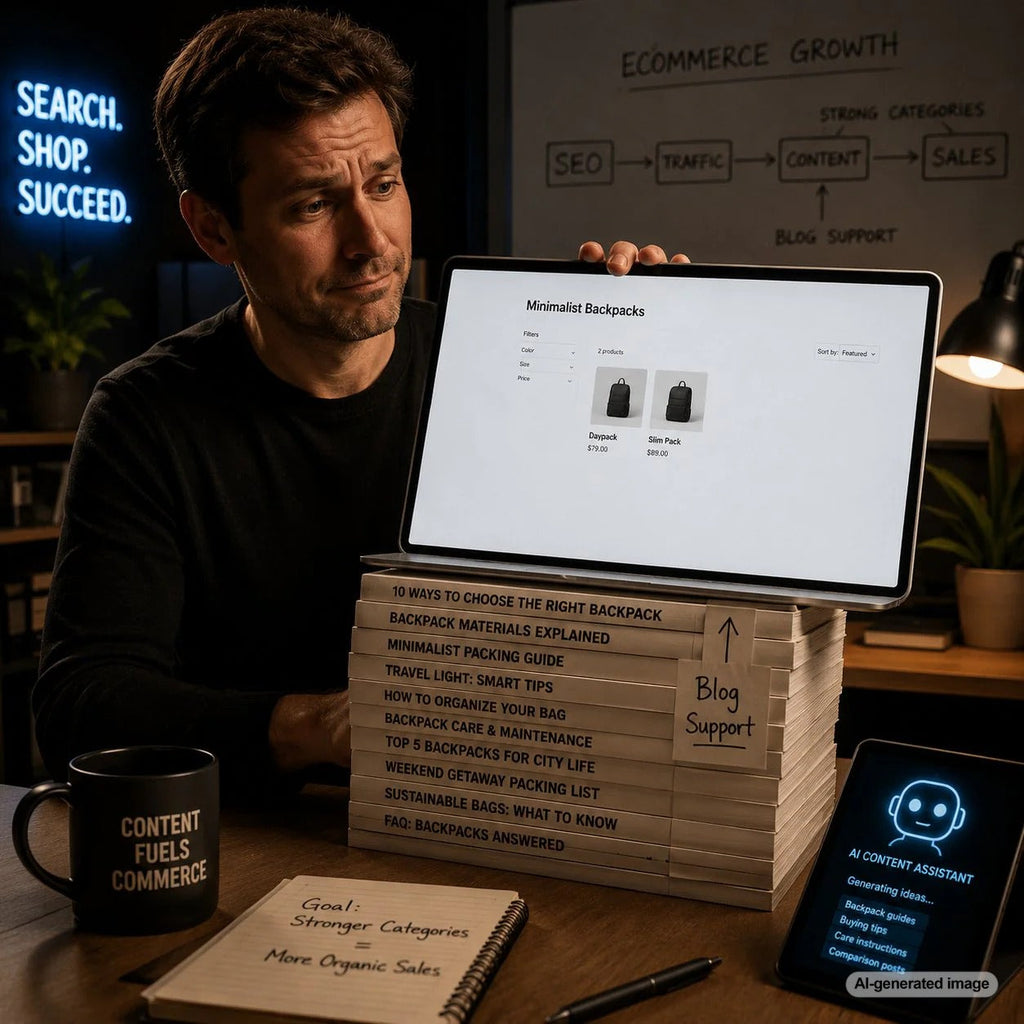Business owner reviewing a content strategy that connects helpful blog articles with thin website category pages
