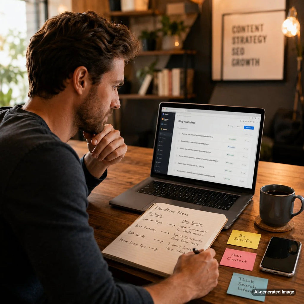 Content writer developing specific SEO blog headlines for clearer search intent and stronger organic visibility