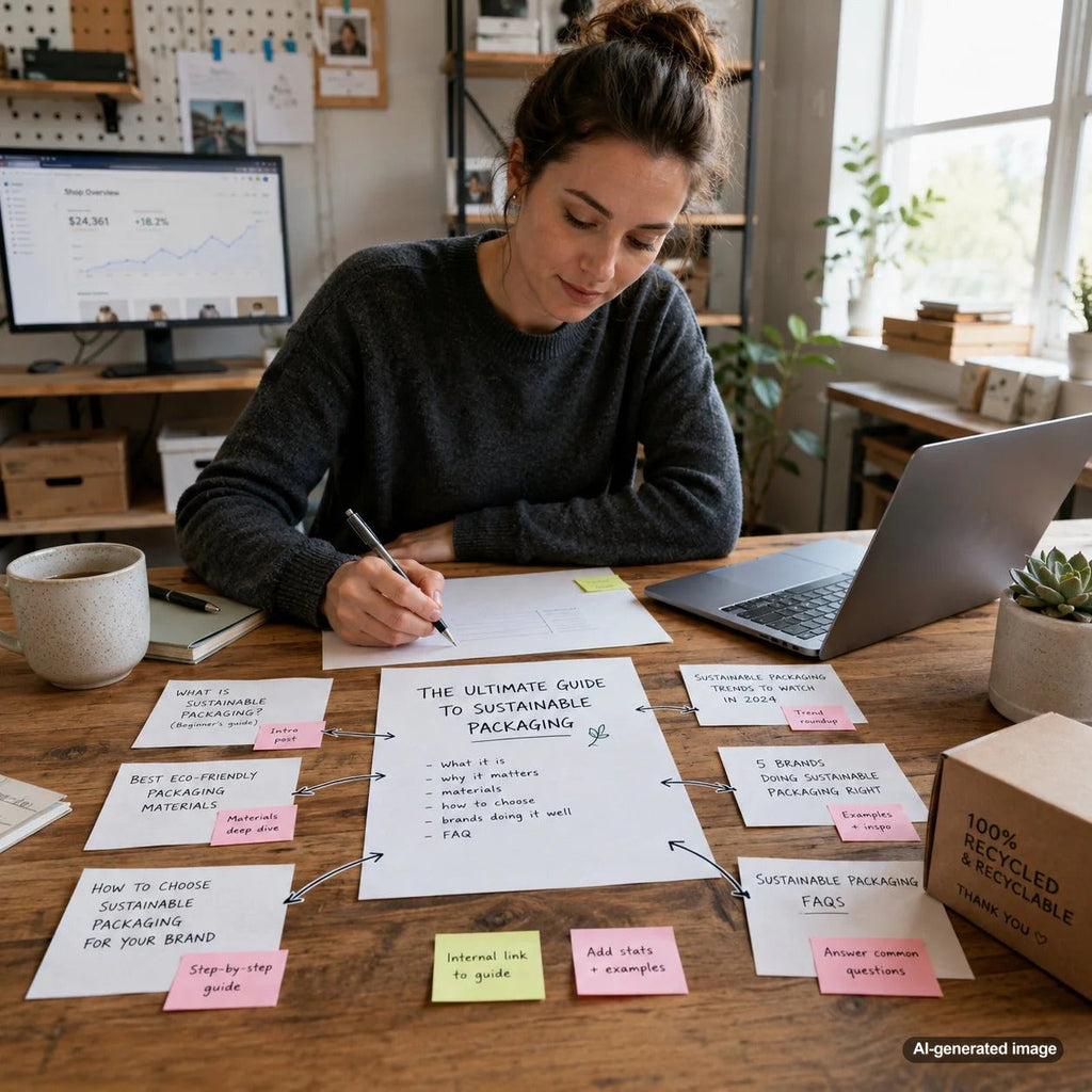 Content strategist organizing a central blog guide and related supporting articles for stronger SEO coverage