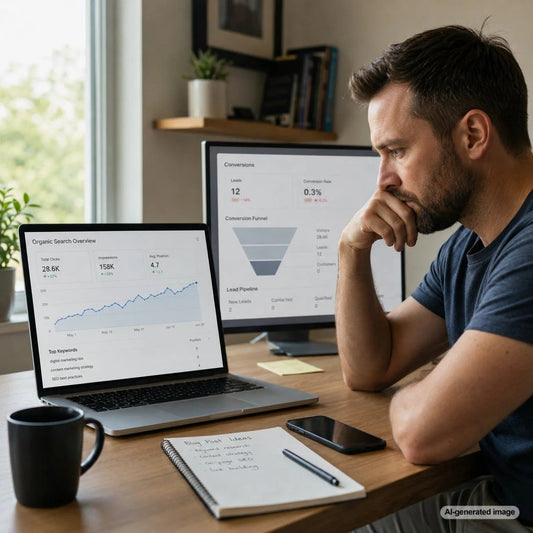 Business owner reviewing blog rankings and lead generation performance on a laptop dashboard