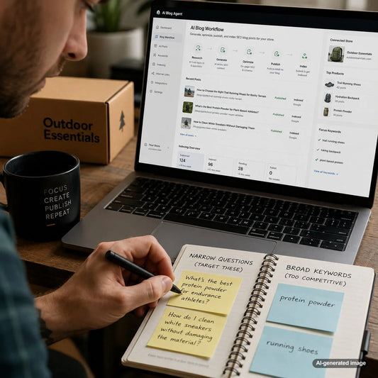 Business owner planning narrow question blog topics before targeting broad SEO keywords