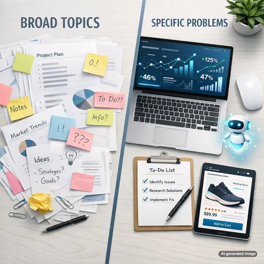 Business owner planning SEO blog content around specific customer problems instead of broad topics