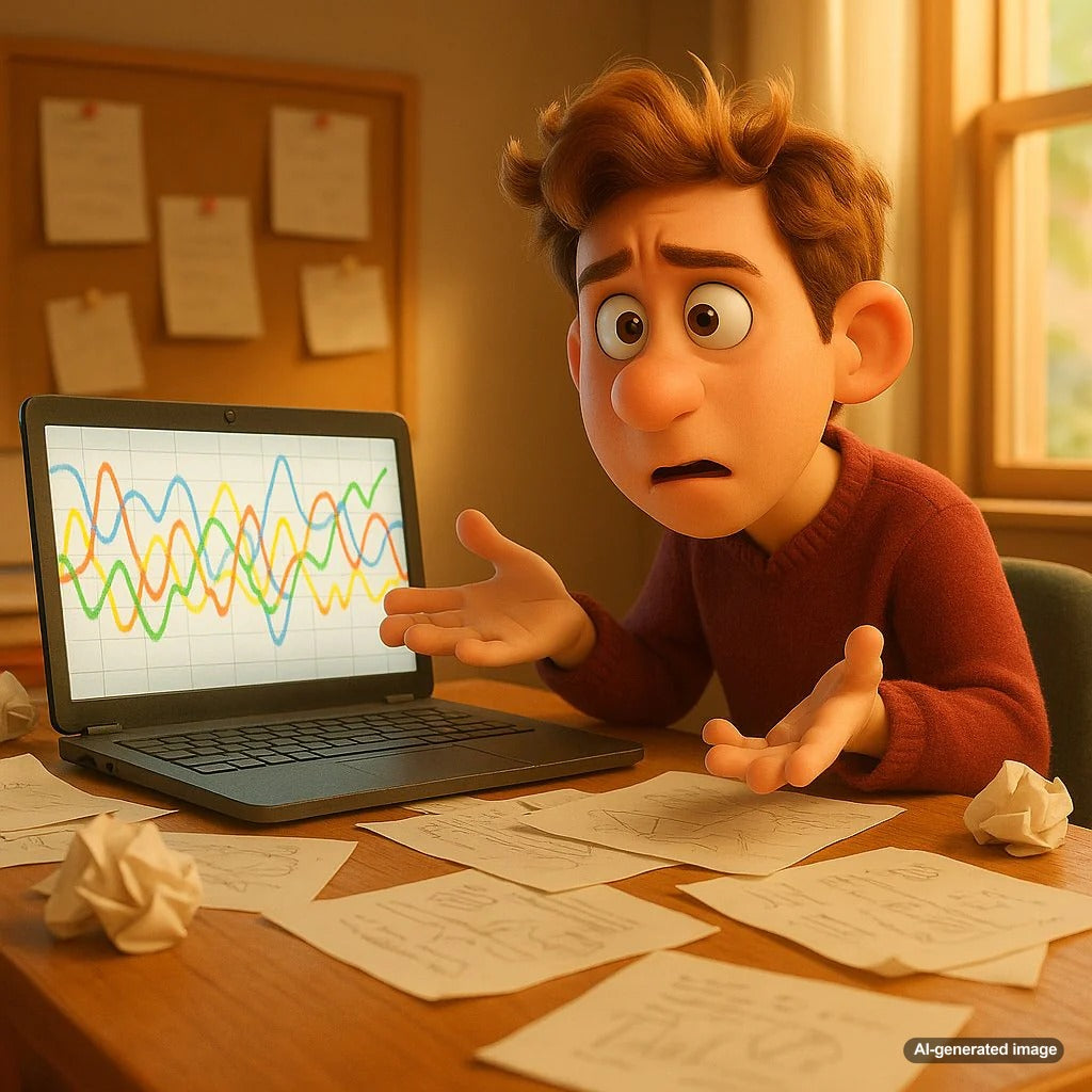 A frustrated business owner staring at a computer screen displaying low website traffic, symbolizing the challenges of ineffective pillar content.