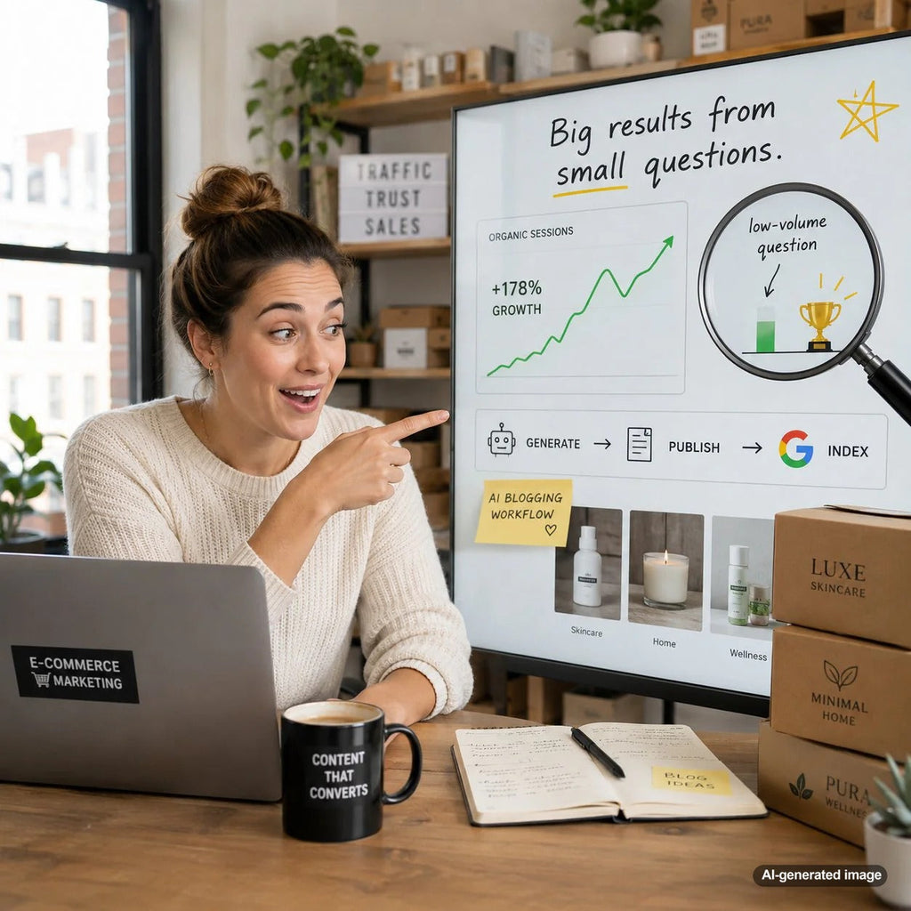 Business owner reviewing low search volume SEO questions for a stronger blog content strategy
