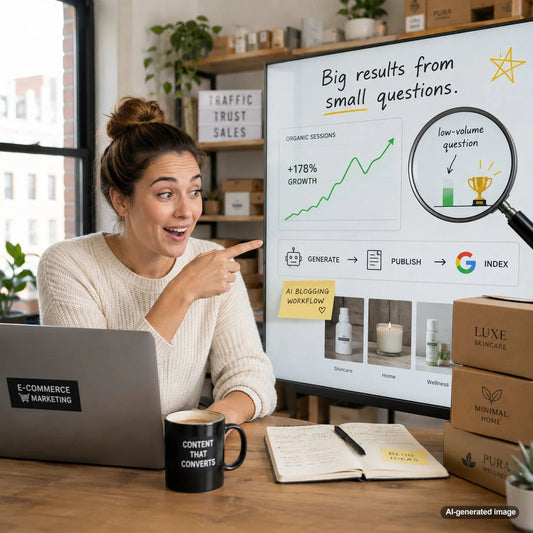 Business owner reviewing low search volume SEO questions for a stronger blog content strategy